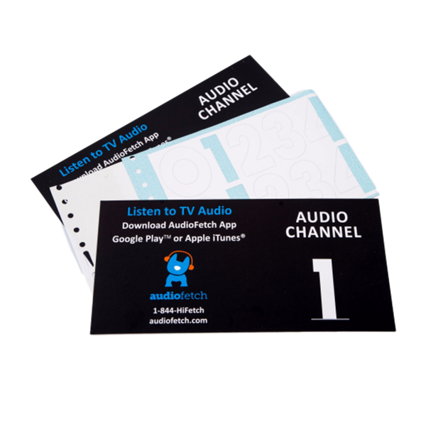 A pair of AudioFetch Tune to Signs (FETCH-TN4) cards with the word audio channel on them.