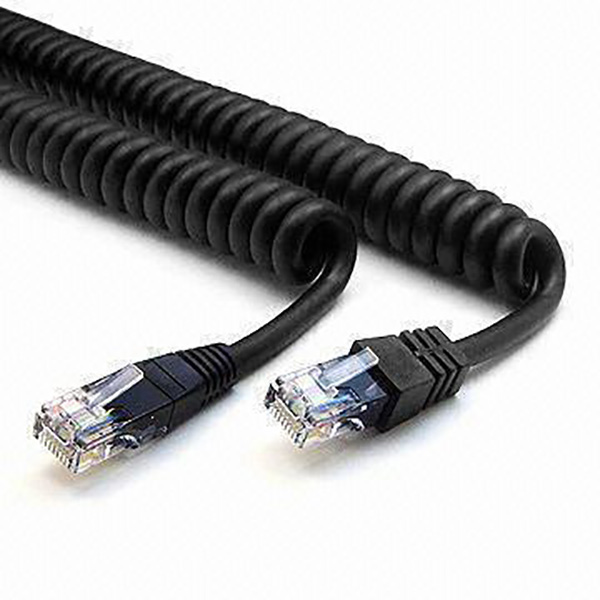 A black ethernet cable on a white background.