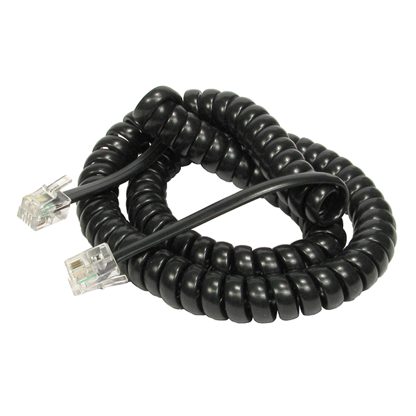A black Csafe Cable for RJ11 (CSAFE11M) coiled telephone cord on a white background.
