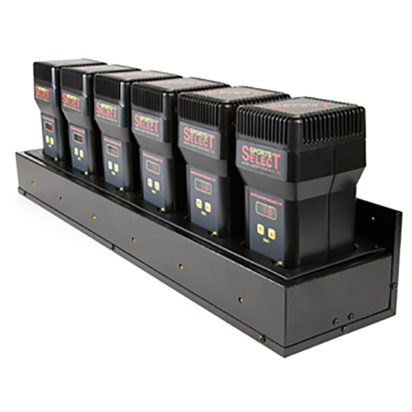 A black rack with five Sports Select Receiver Custom Branding (BV-SELECTCB) on it.