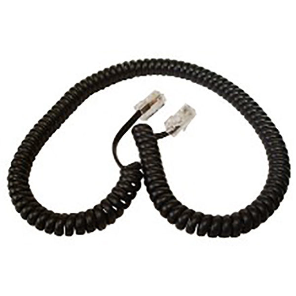 A black coiled cord with two wires on it.