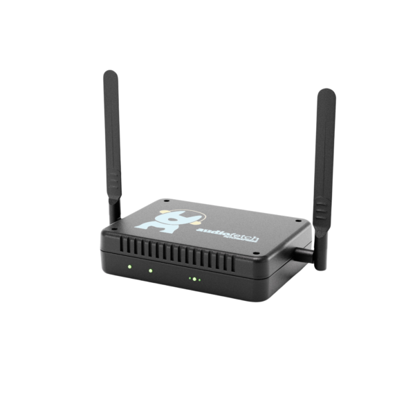Wireless router with two antennas on a black background.