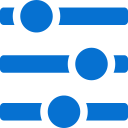Blue abstract icon with circles and horizontal bars.