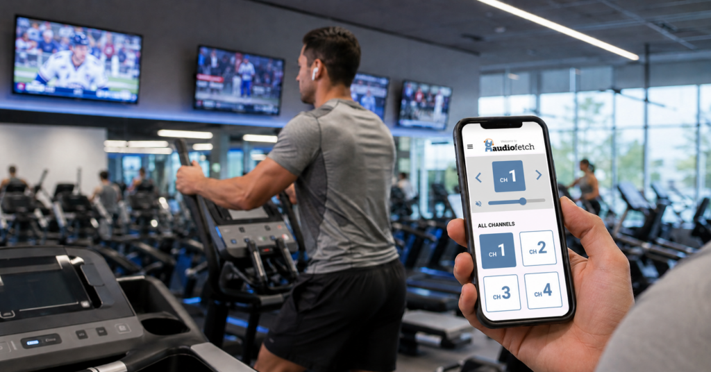 Fitness center member using the AudioFetch app on a smartphone to hear television audio through wireless earbuds while exercising.