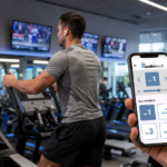 Fitness center member using the AudioFetch app on a smartphone to hear television audio through wireless earbuds while exercising.
