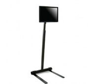 A black stand with a tv on it.