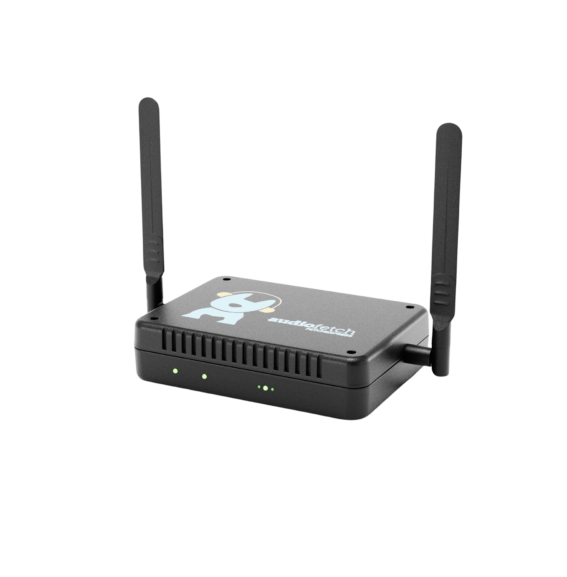 Wireless router with two antennas on a black background.