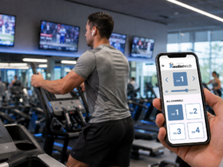 Fitness center member using the AudioFetch app on a smartphone to hear television audio through wireless earbuds while exercising.
